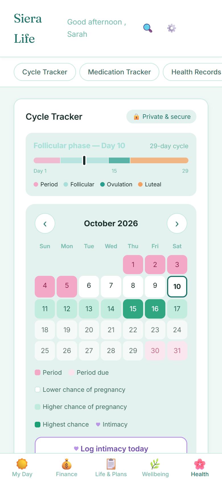 The Health screen in the Siera Life app