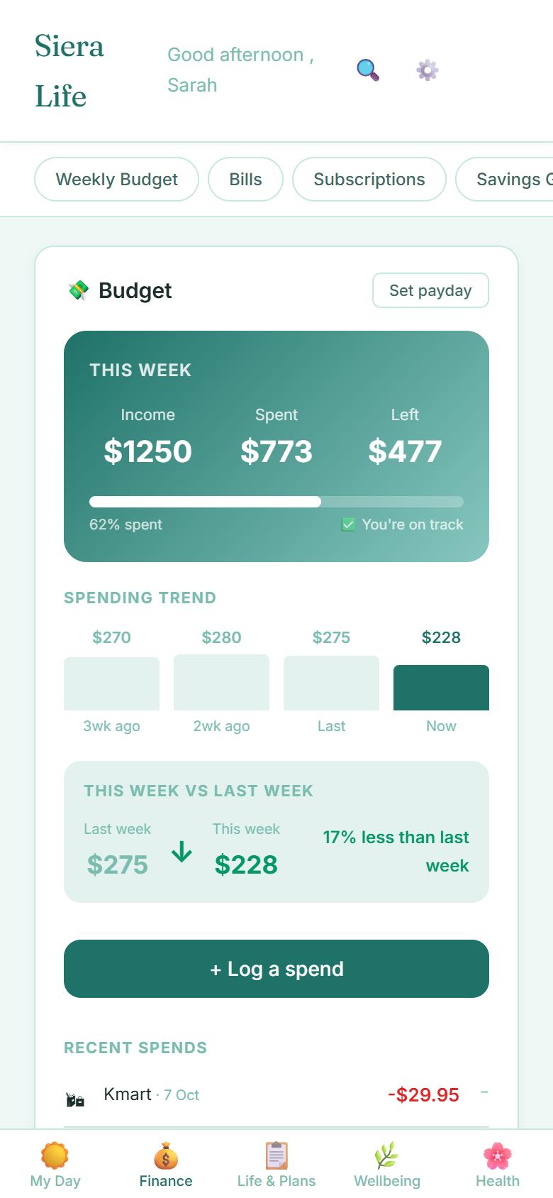 The Finance screen in the Siera Life app