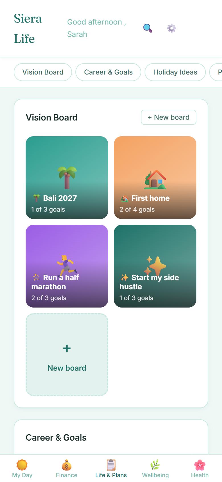 The Life & Plans screen in the Siera Life app