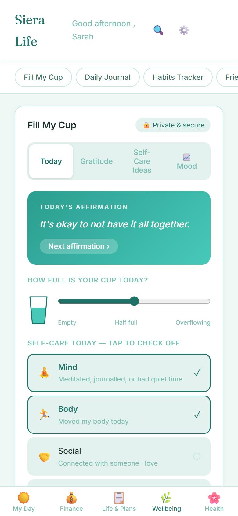 The Wellbeing screen in the Siera Life app